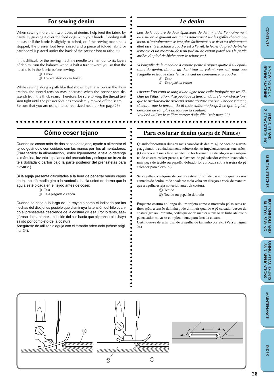 For sewing denim, Le denim, Cómo coser tejano | Para costurar denim (sarja de nimes) | Brother LS-1217 User Manual | Page 38 / 81