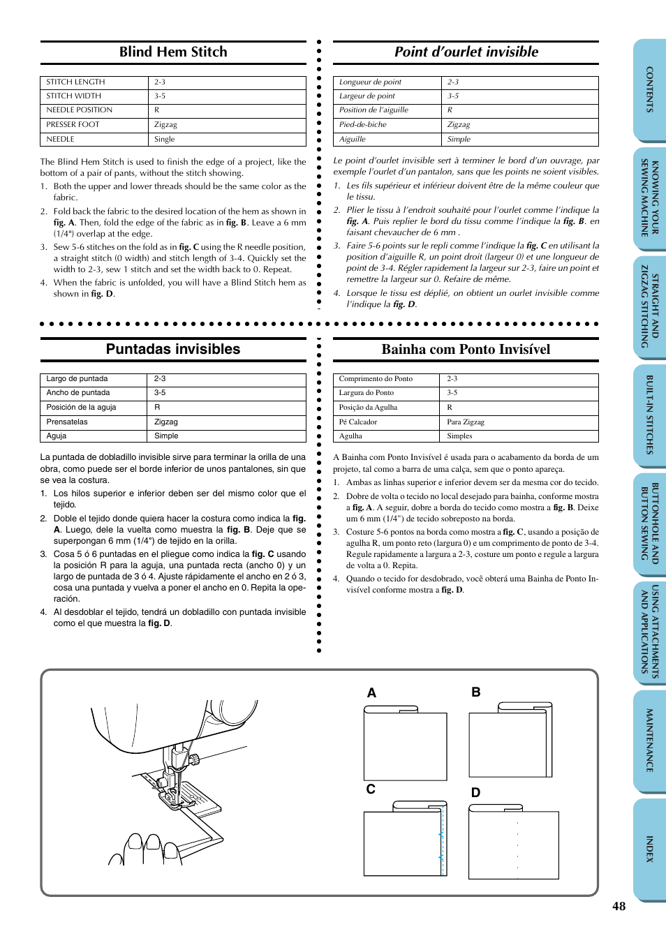 Blind hem stitch, Point d’ourlet invisible, Puntadas invisibles | Bainha com ponto invisível, Ab c d | Brother LS-1217 User Manual | Page 58 / 81