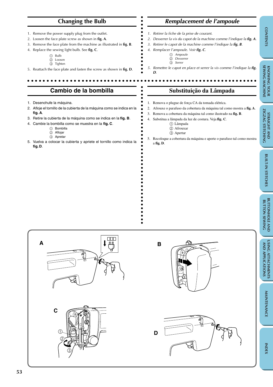 Maintenance, Changing the bulb, Remplacement de l’ampoule | Cambio de la bombilla, Substituição da lâmpada, Ab c | Brother LS-1217 User Manual | Page 63 / 81