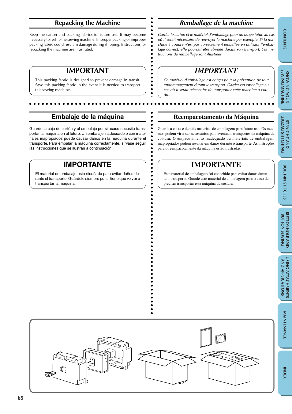 Repacking the machine, Important, Importante | Remballage de la machine, Embalaje de la máquina, Reempacotamento da máquina | Brother LS-1217 User Manual | Page 75 / 81