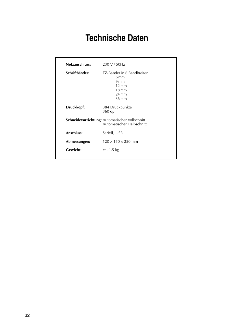 Technische daten | Brother PT-9200DX User Manual | Page 112 / 232