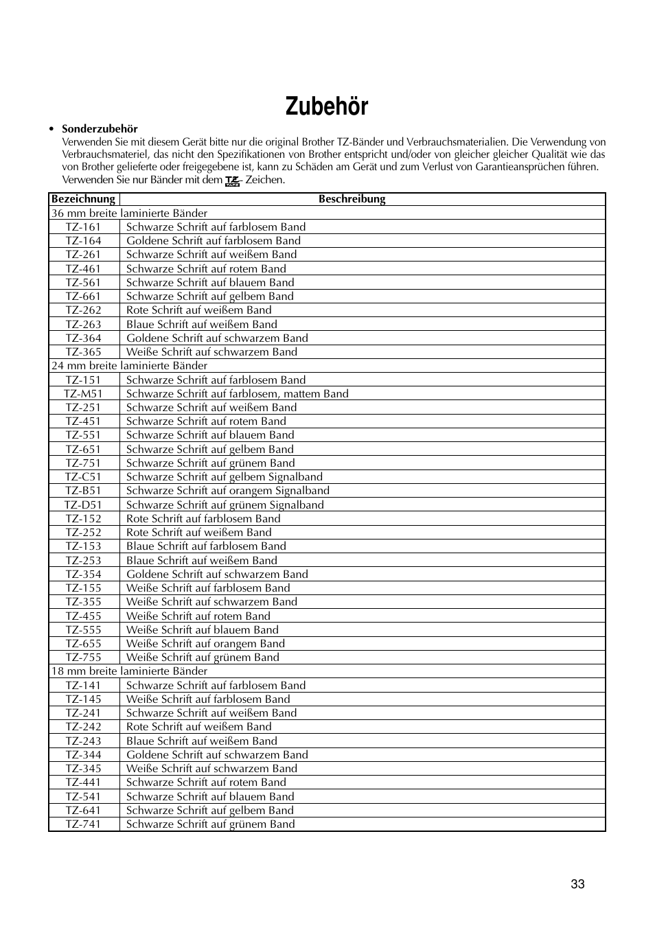 Zubehör | Brother PT-9200DX User Manual | Page 113 / 232