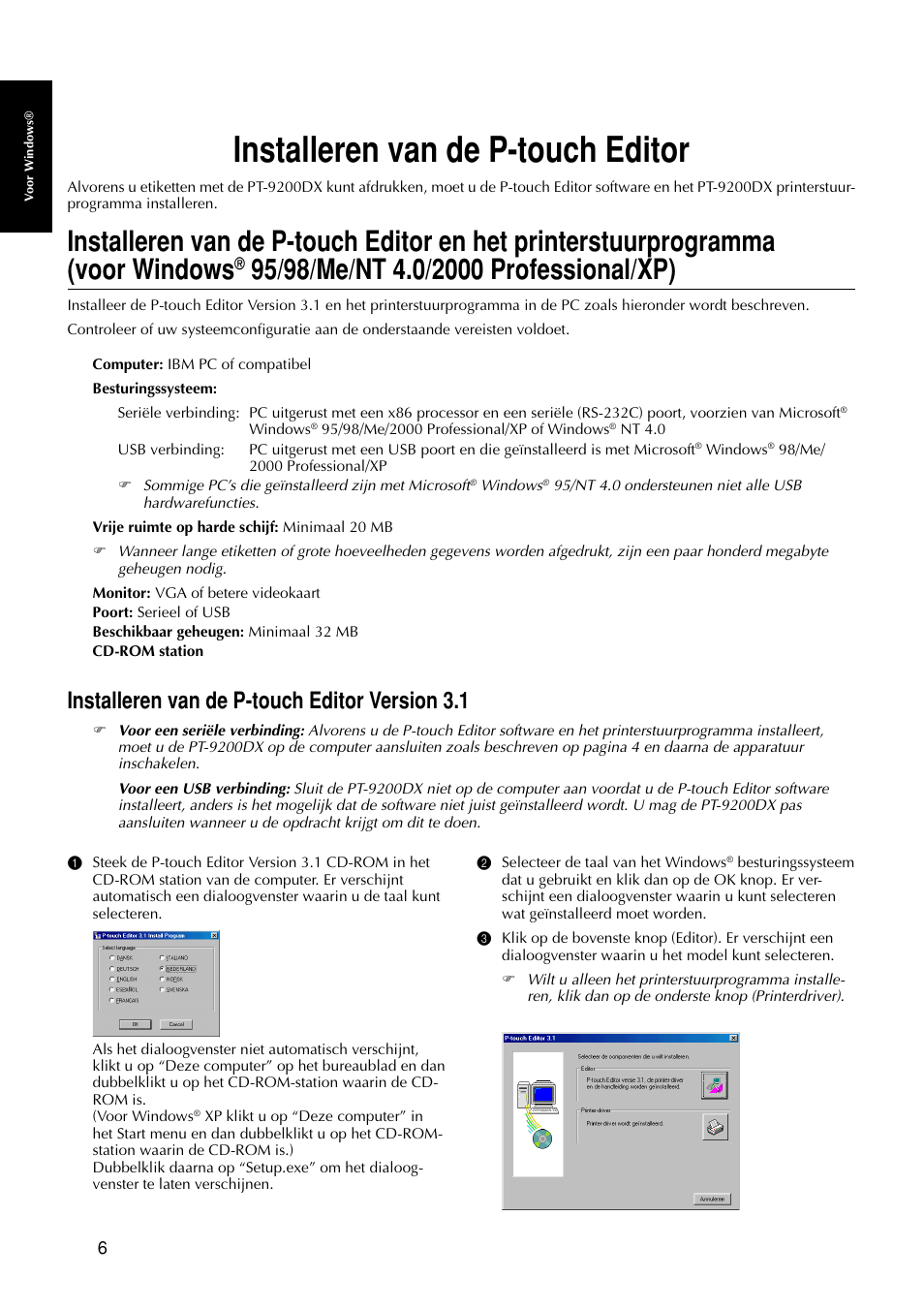 Installeren van de p-touch editor, Installeren van de p-touch editor version 3.1 | Brother PT-9200DX User Manual | Page 124 / 232