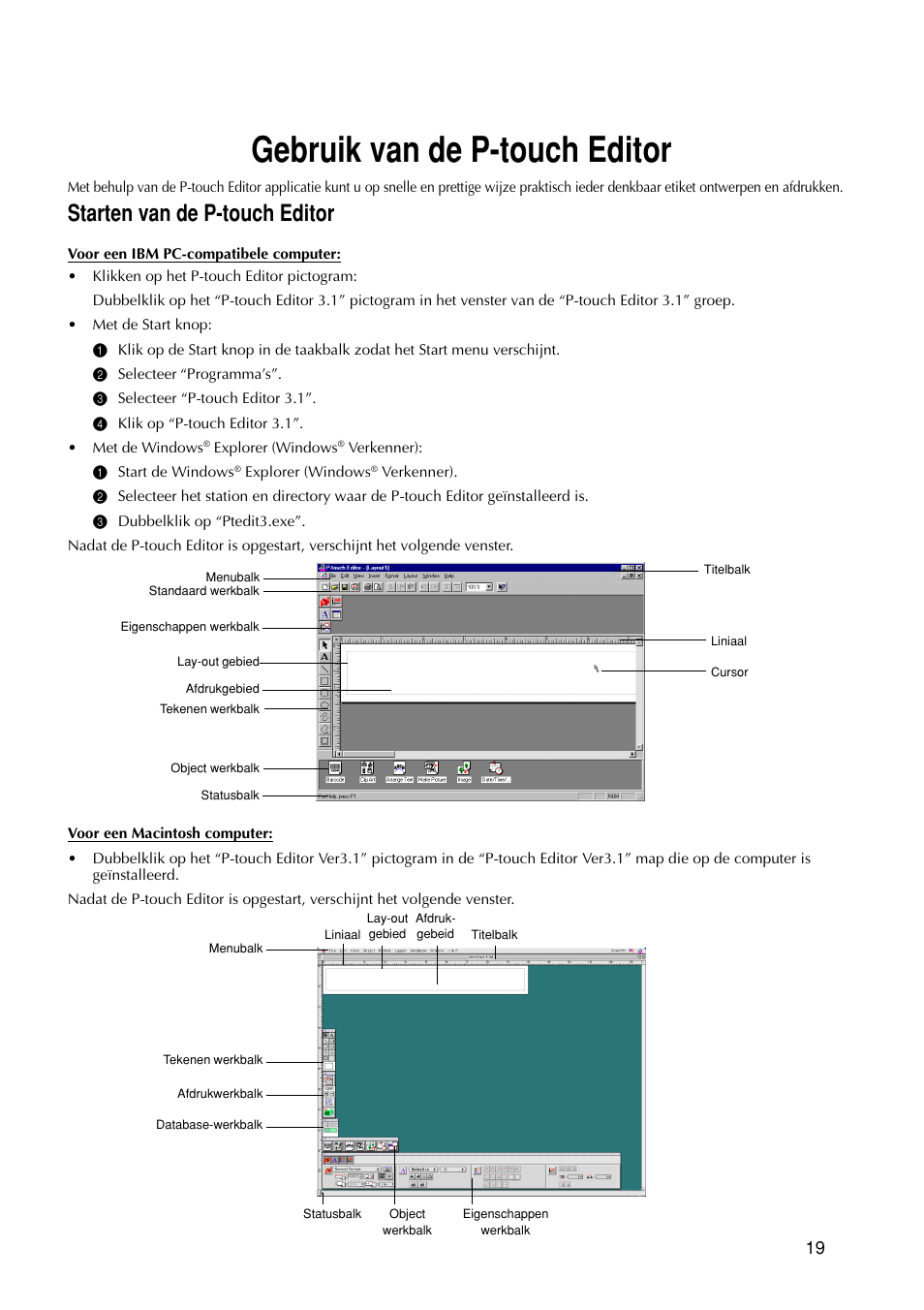 Gebruik van de p-touch editor, Starten van de p-touch editor | Brother PT-9200DX User Manual | Page 137 / 232