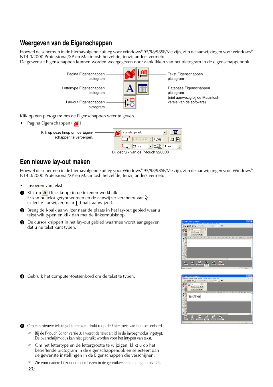 Weergeven van de eigenschappen, Een nieuwe lay-out maken | Brother PT-9200DX User Manual | Page 138 / 232