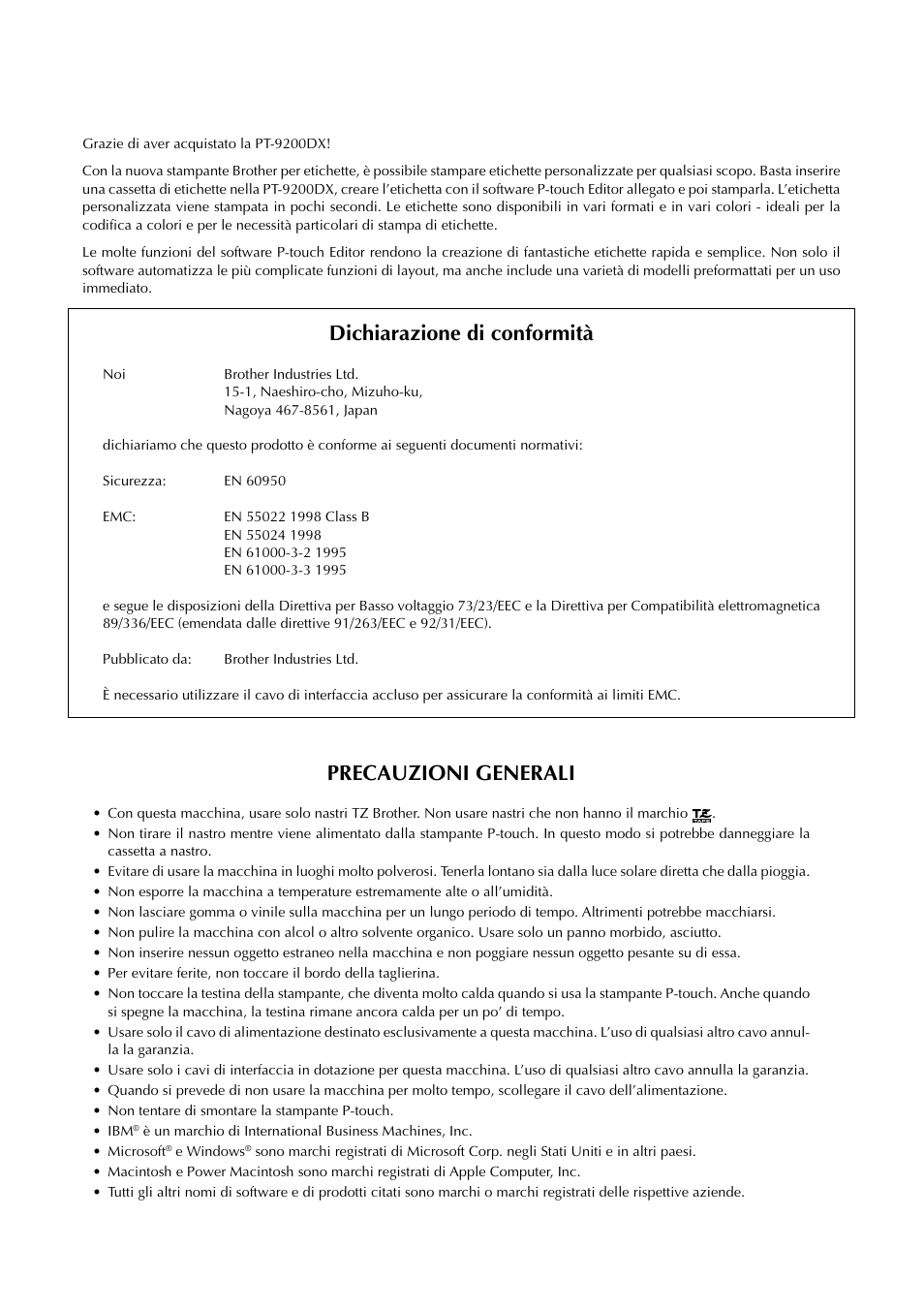 Dichiarazione di conformità, Precauzioni generali | Brother PT-9200DX User Manual | Page 156 / 232