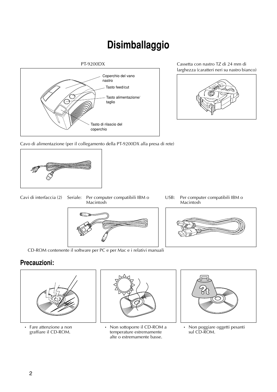 Disimballaggio, Precauzioni | Brother PT-9200DX User Manual | Page 158 / 232