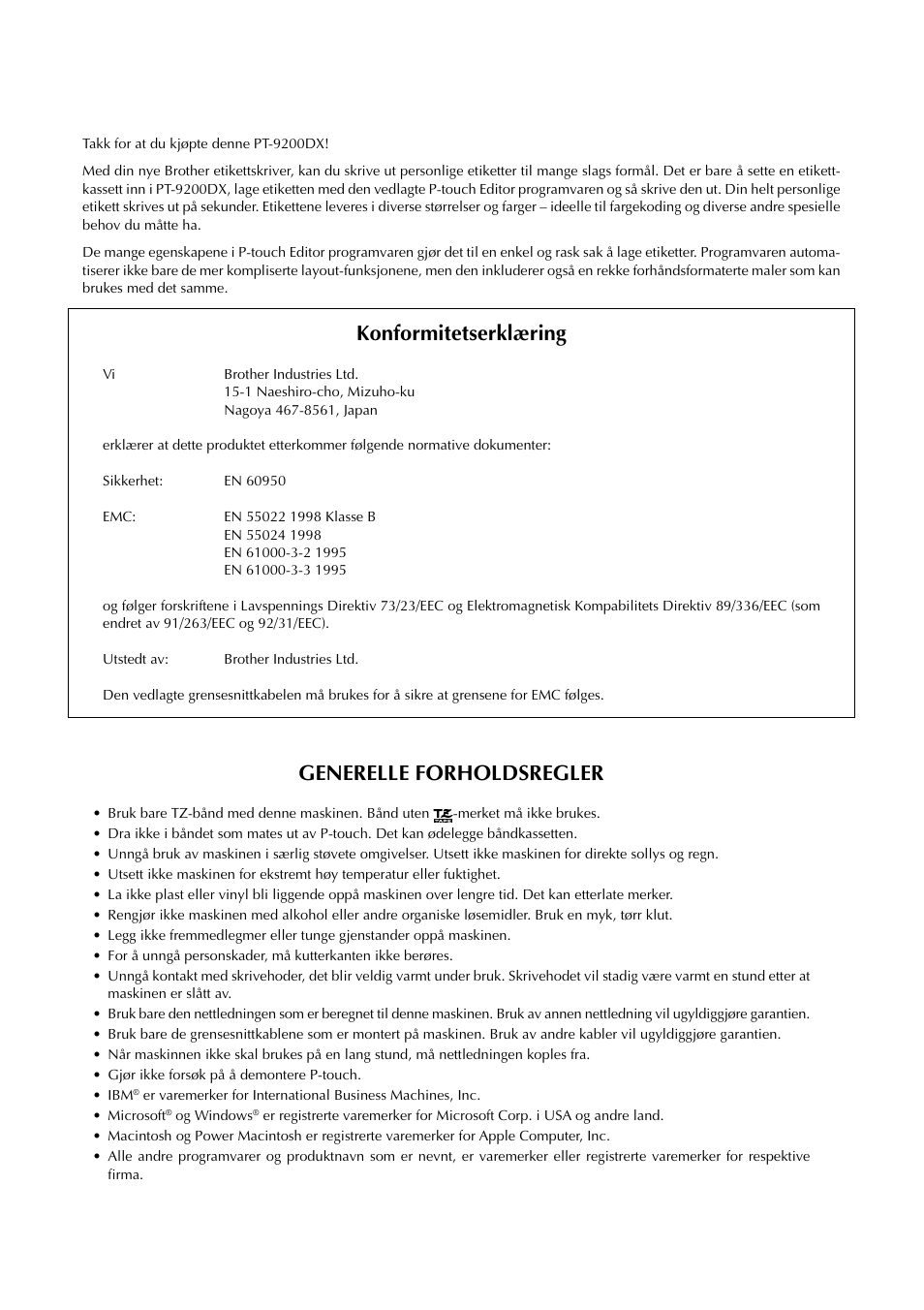 Konformitetserklæring, Generelle forholdsregler | Brother PT-9200DX User Manual | Page 194 / 232