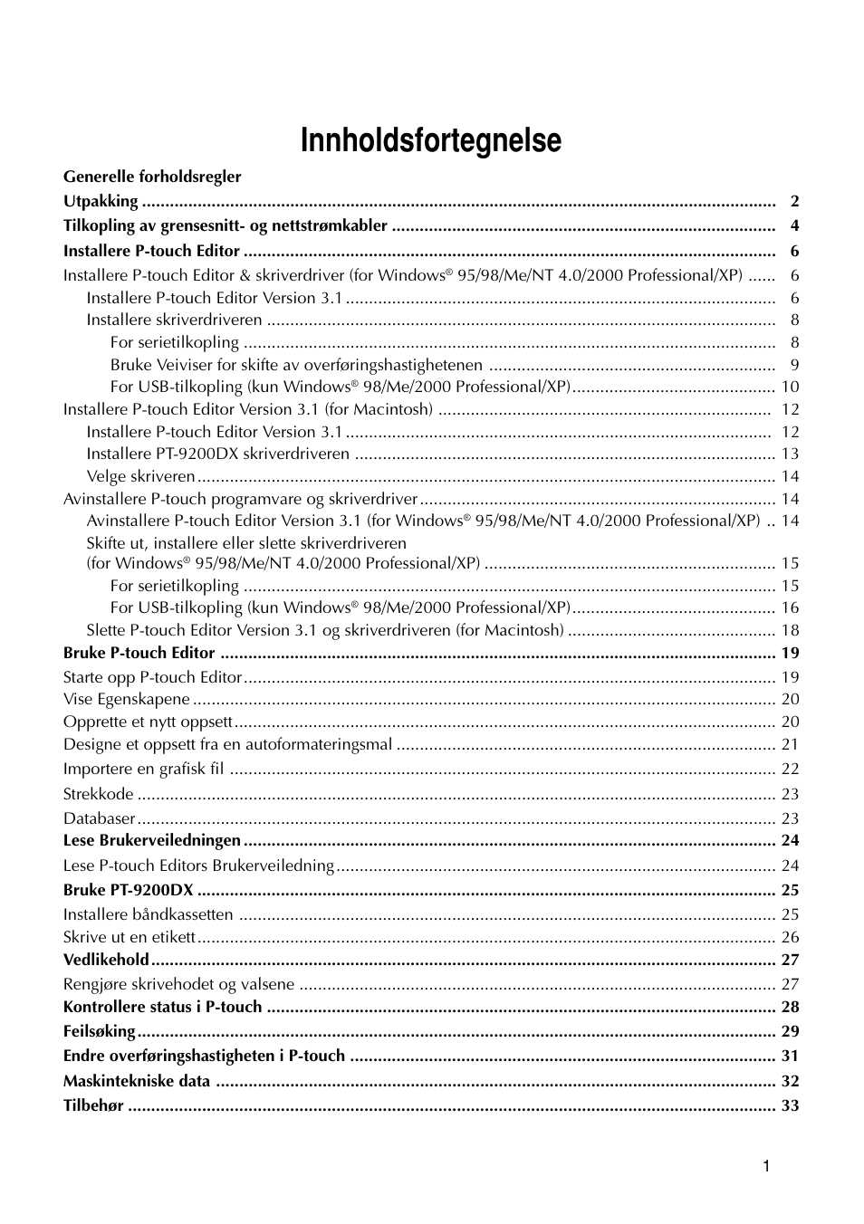 Innholdsfortegnelse | Brother PT-9200DX User Manual | Page 195 / 232