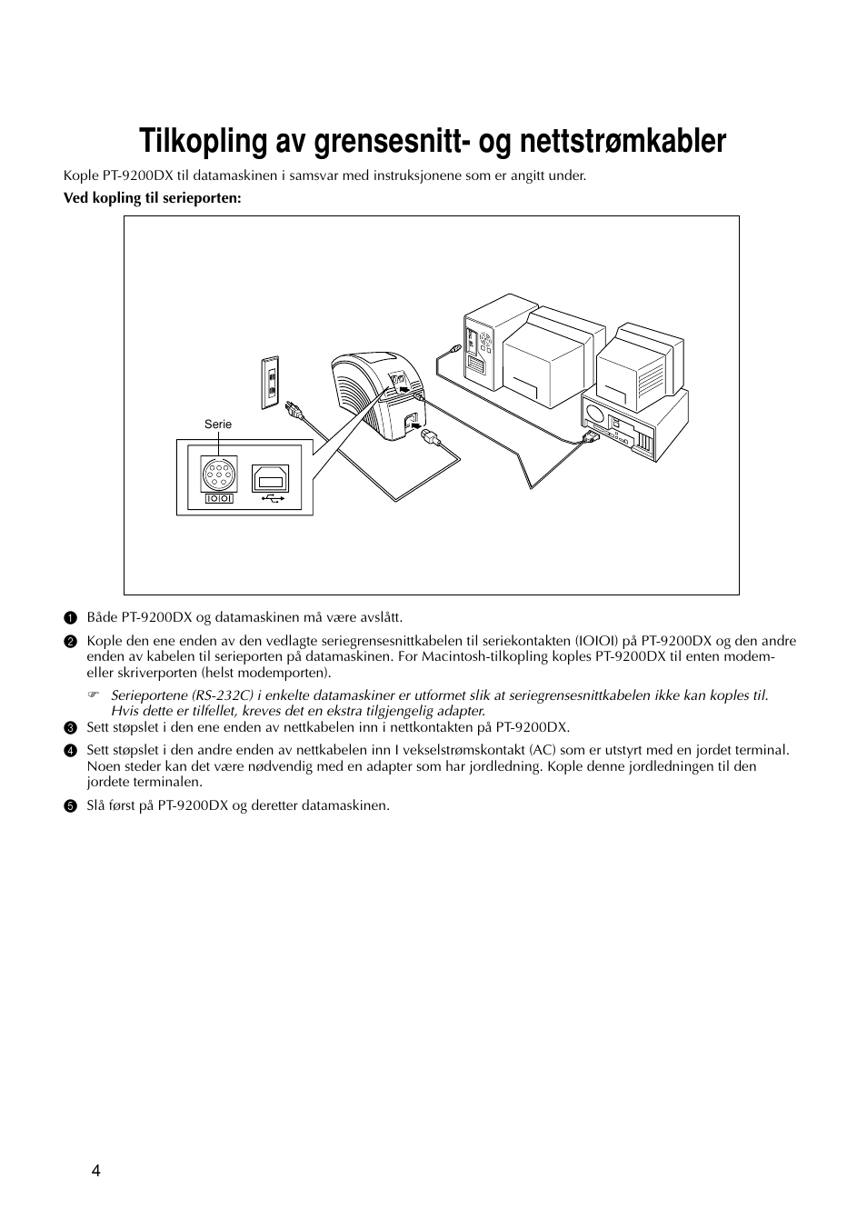 Tilkopling av grensesnitt- og nettstrømkabler | Brother PT-9200DX User Manual | Page 198 / 232