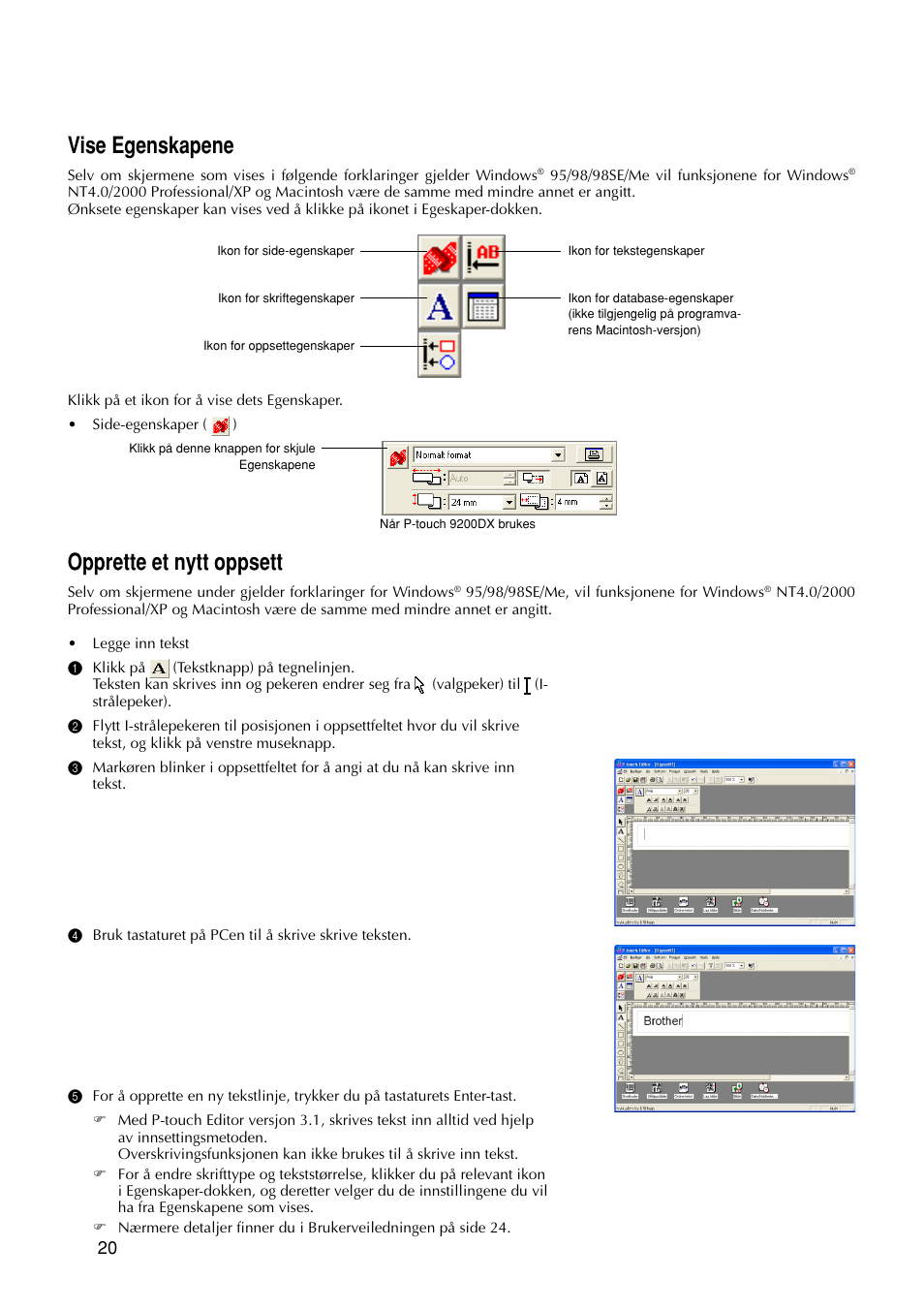 Vise egenskapene, Opprette et nytt oppsett | Brother PT-9200DX User Manual | Page 214 / 232