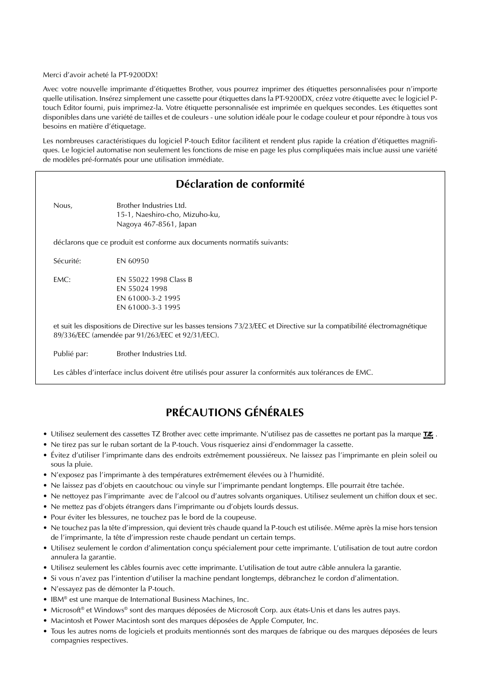 Déclaration de conformité, Précautions générales | Brother PT-9200DX User Manual | Page 42 / 232