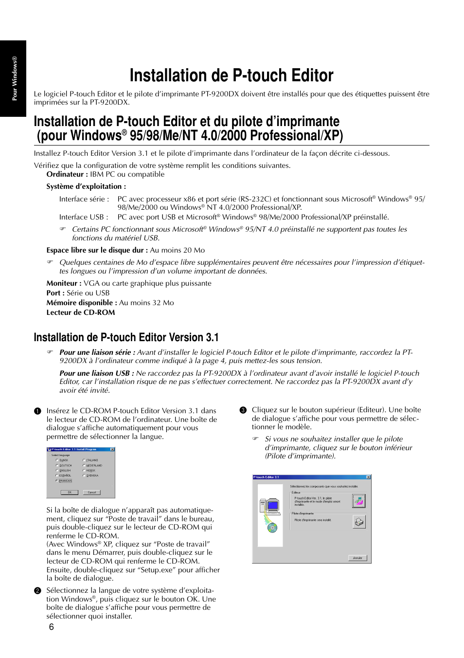 Installation de p-touch editor, Installation de p-touch editor version 3.1 | Brother PT-9200DX User Manual | Page 48 / 232