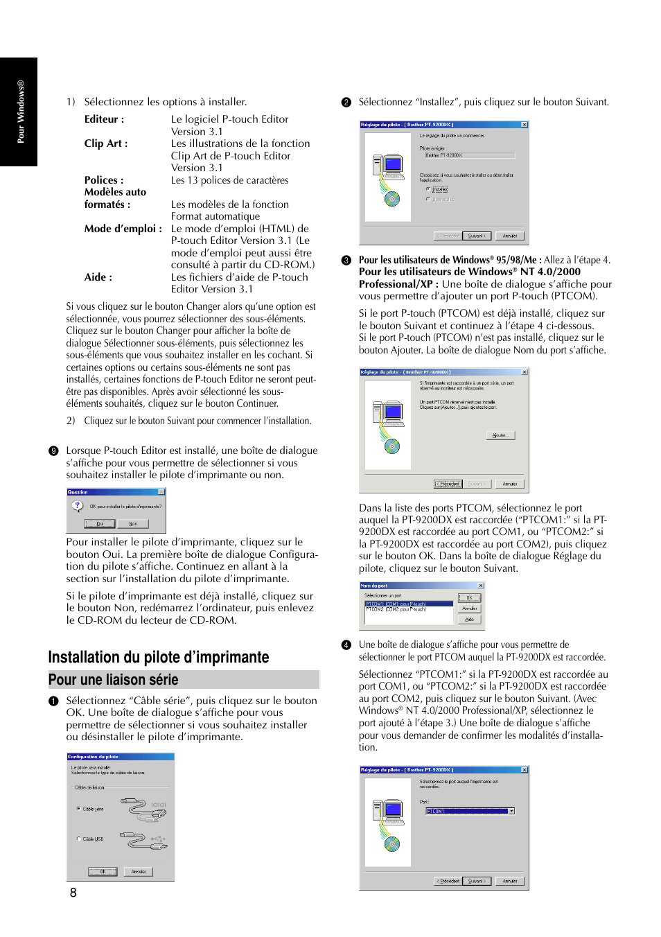 Installation du pilote d’imprimante, Pour une liaison série | Brother PT-9200DX User Manual | Page 50 / 232