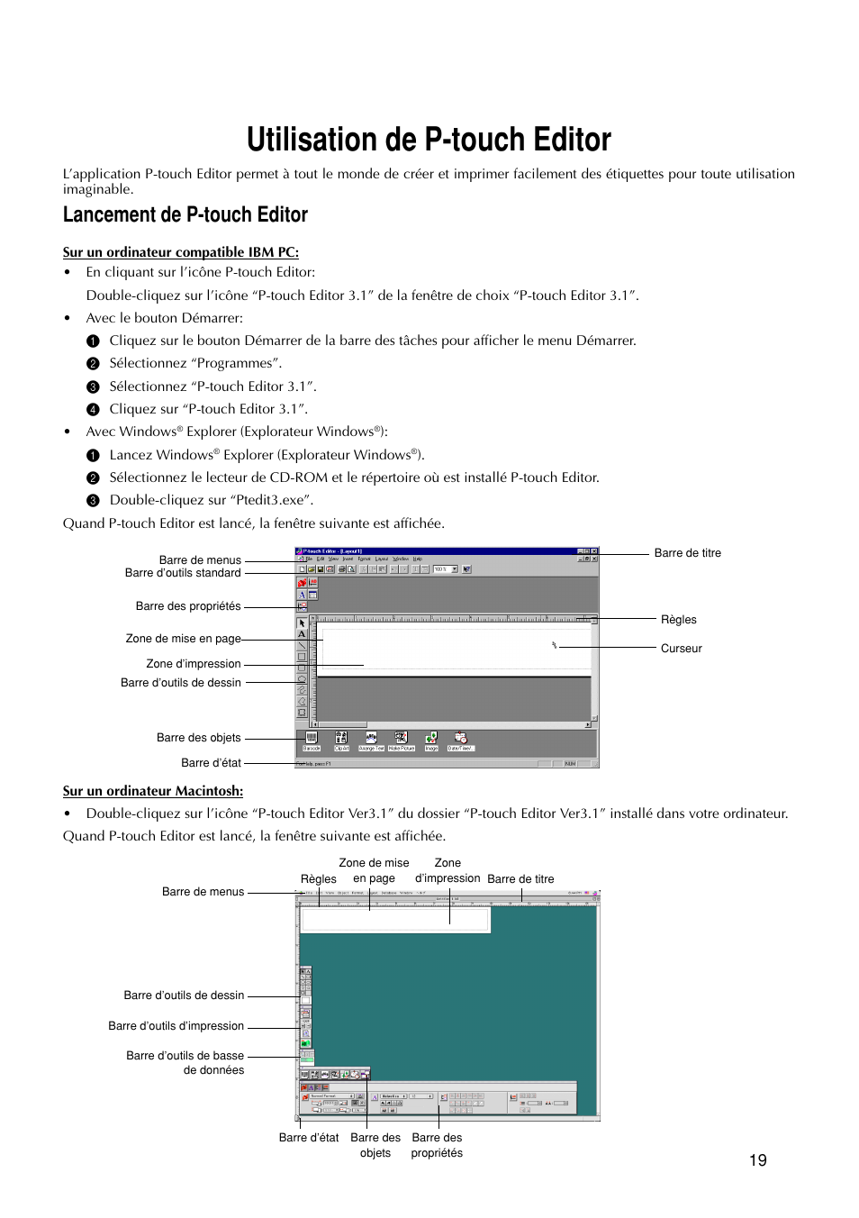 Utilisation de p-touch editor, Lancement de p-touch editor | Brother PT-9200DX User Manual | Page 61 / 232