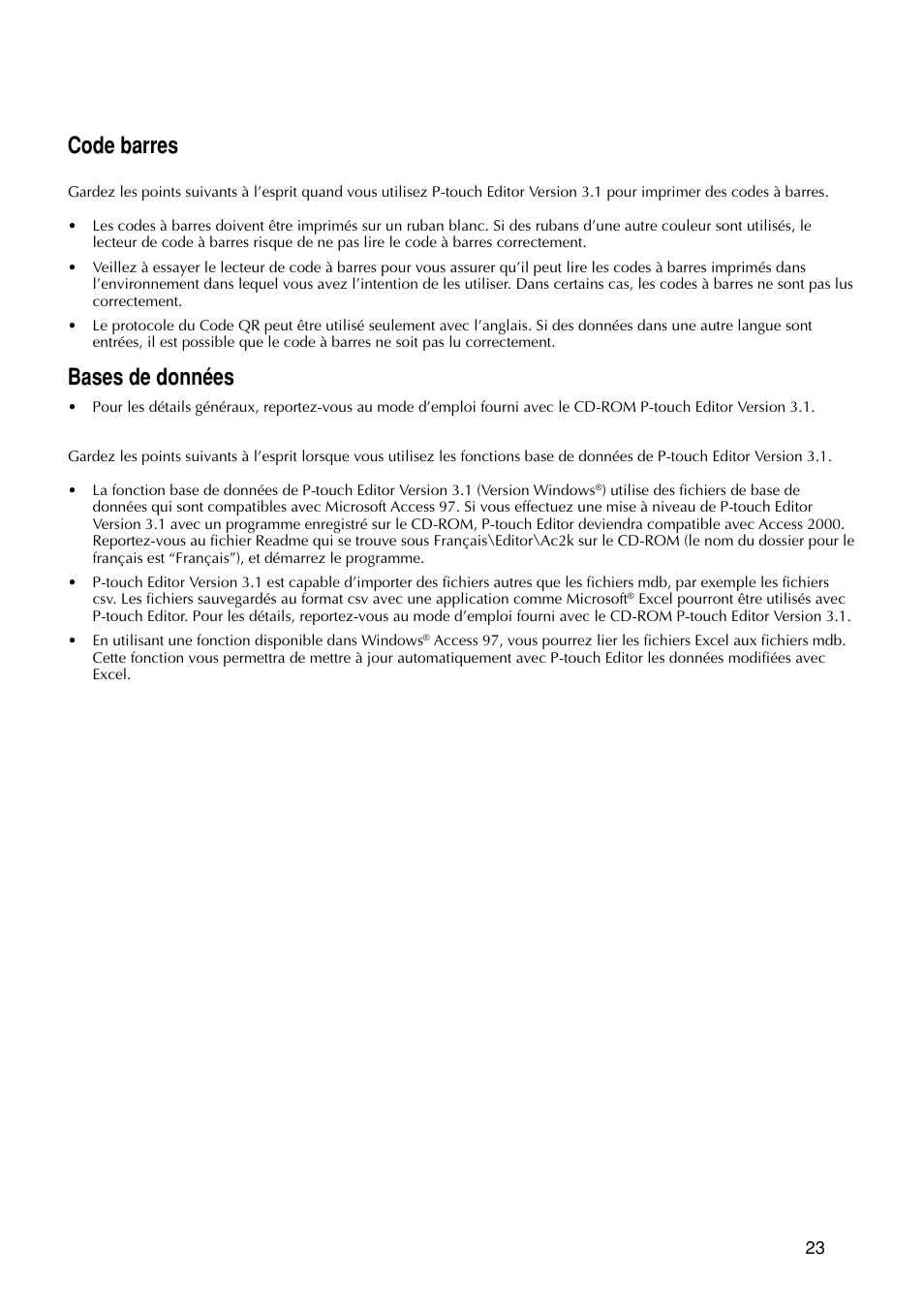 Code barres, Bases de données | Brother PT-9200DX User Manual | Page 65 / 232