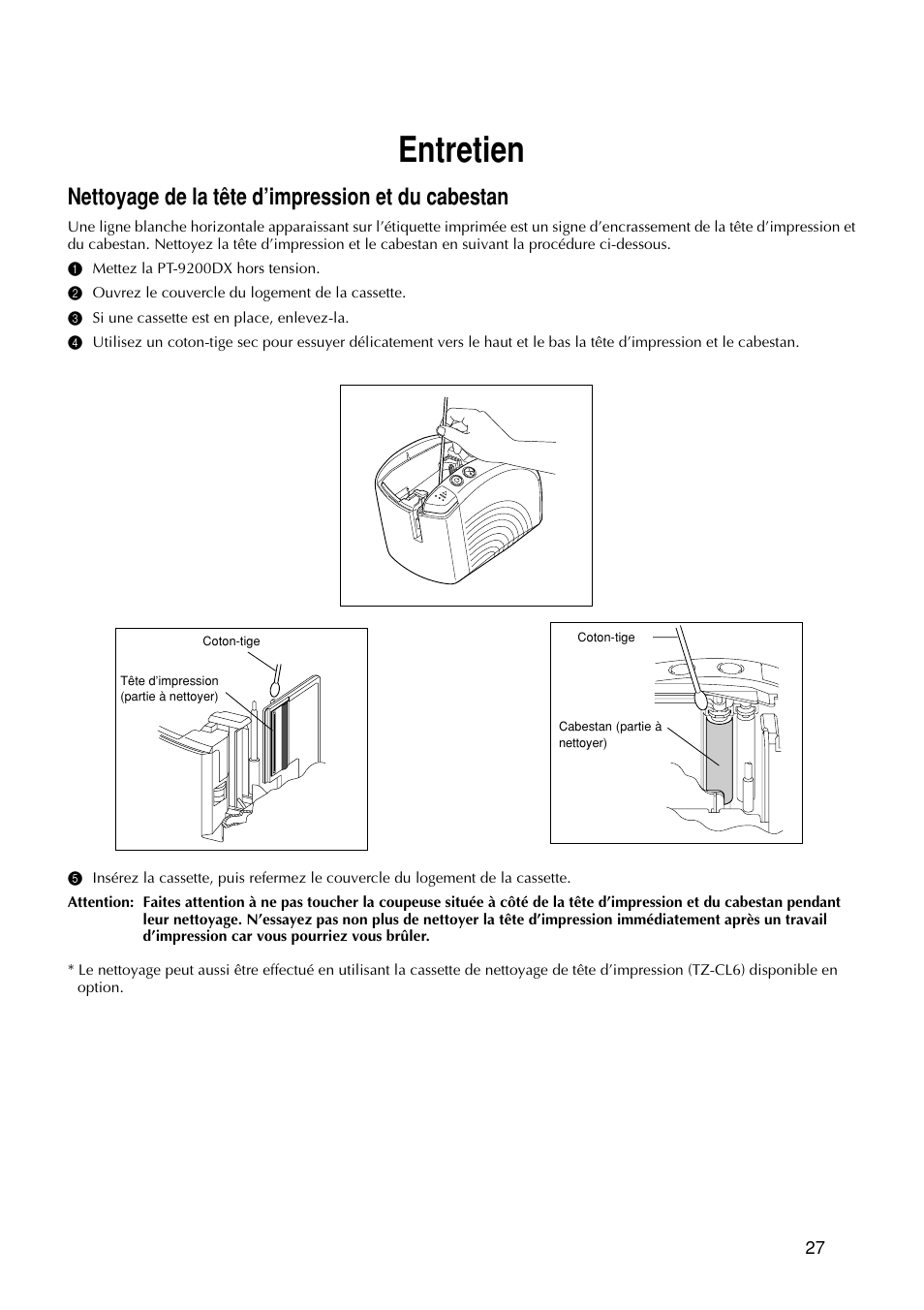 Entretien, Nettoyage de la tête d’impression et du cabestan | Brother PT-9200DX User Manual | Page 69 / 232
