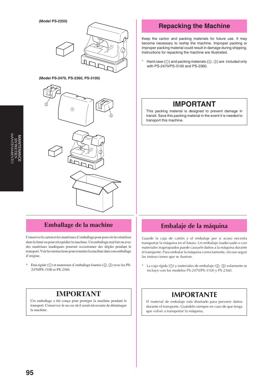 Important, Importante, Repacking the machine | Embalaje de la máquina, Emballage de la machine | Brother PS-3100 3700 User Manual | Page 107 / 111