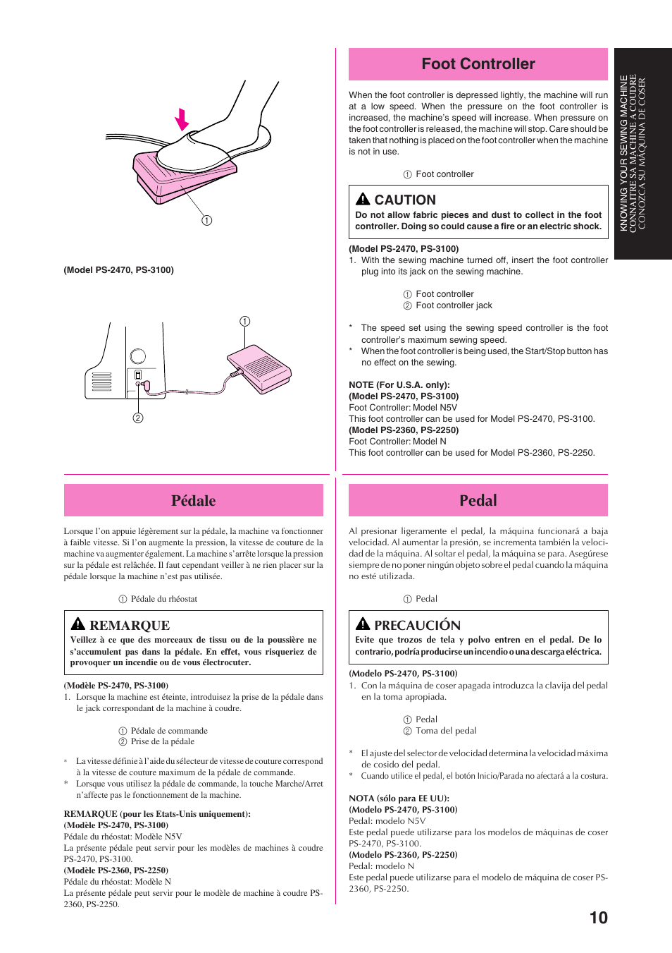 Pédale, Foot controller, Pedal | Remarque, Caution, Precaución | Brother PS-3100 3700 User Manual | Page 22 / 111
