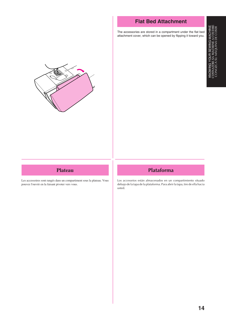 Plateau, Plataforma, Flat bed attachment | Brother PS-3100 3700 User Manual | Page 26 / 111