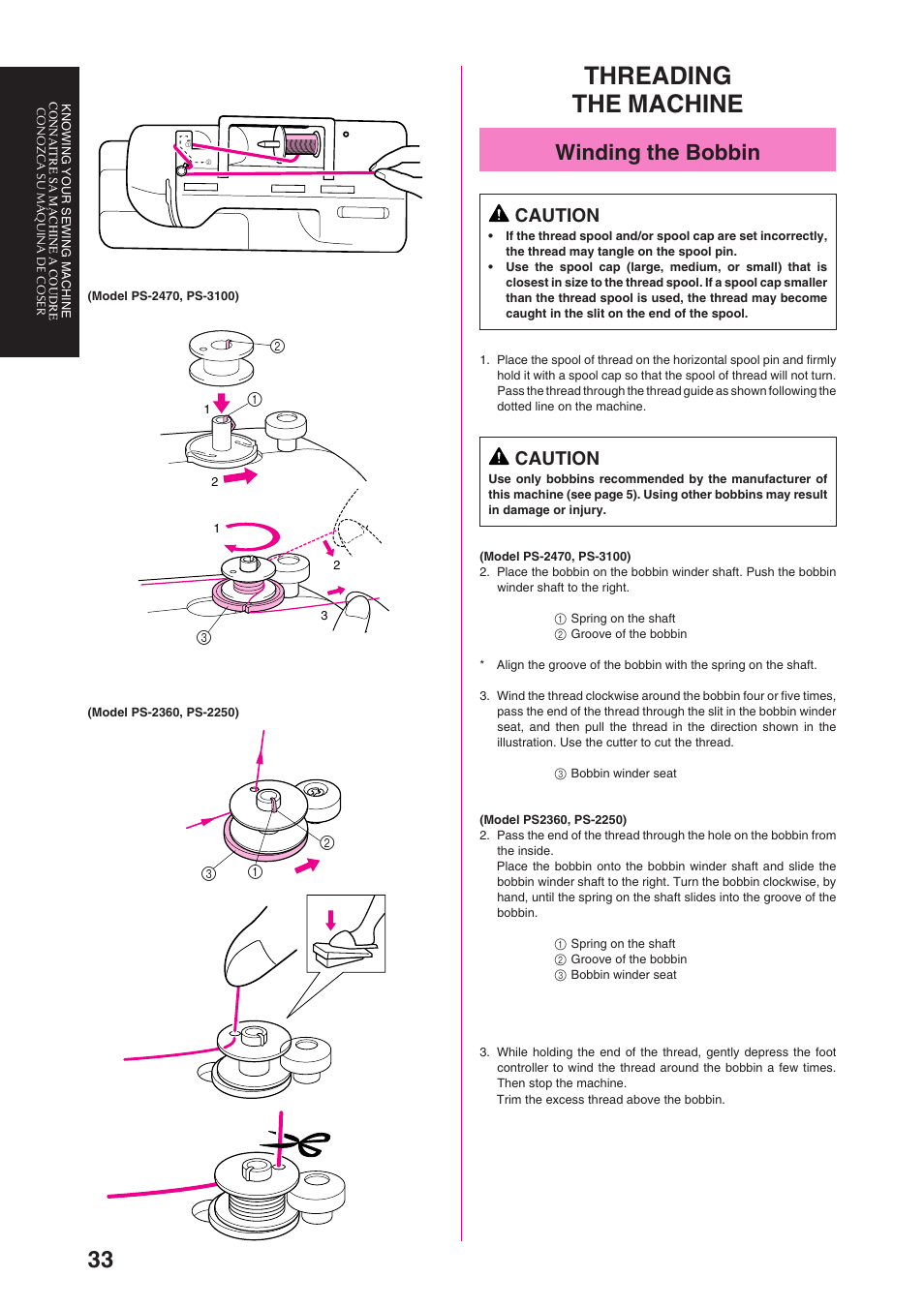 Threading the machine, Winding the bobbin, Caution | Brother PS-3100 3700 User Manual | Page 45 / 111