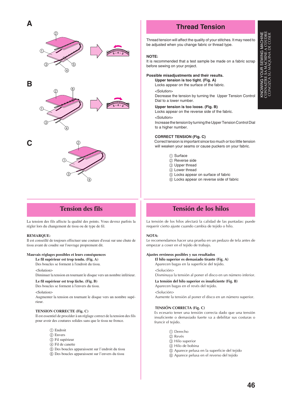 Ab c, Thread tension, Tensión de los hilos | Tension des fils | Brother PS-3100 3700 User Manual | Page 58 / 111