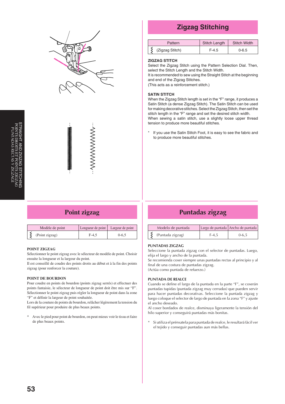 Zigzag stitching, Puntadas zigzag, Point zigzag | Brother PS-3100 3700 User Manual | Page 65 / 111