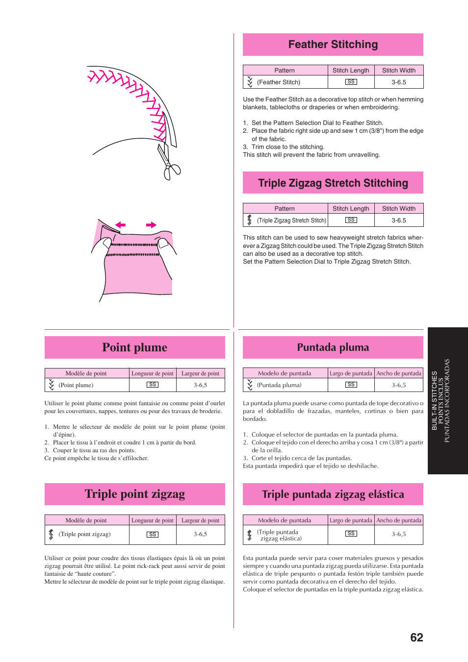 Point plume, Triple point zigzag, Feather stitching | Triple zigzag stretch stitching, Puntada pluma, Triple puntada zigzag elástica | Brother PS-3100 3700 User Manual | Page 74 / 111