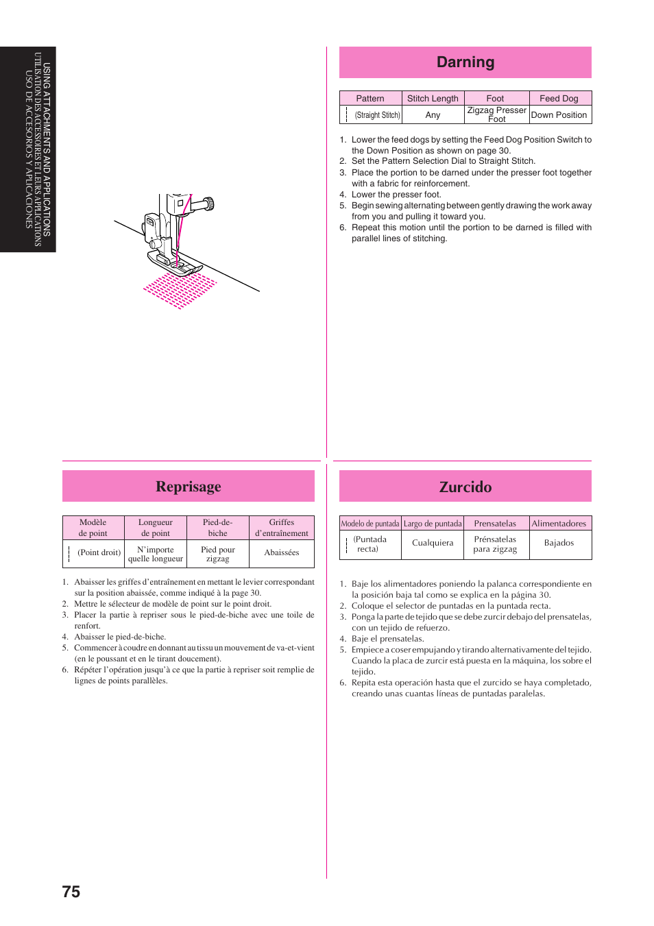 Darning, Zurcido, Reprisage | Brother PS-3100 3700 User Manual | Page 87 / 111