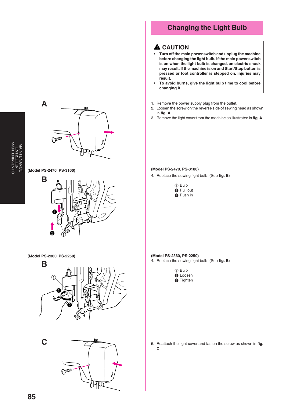 Changing the light bulb, Caution | Brother PS-3100 3700 User Manual | Page 97 / 111