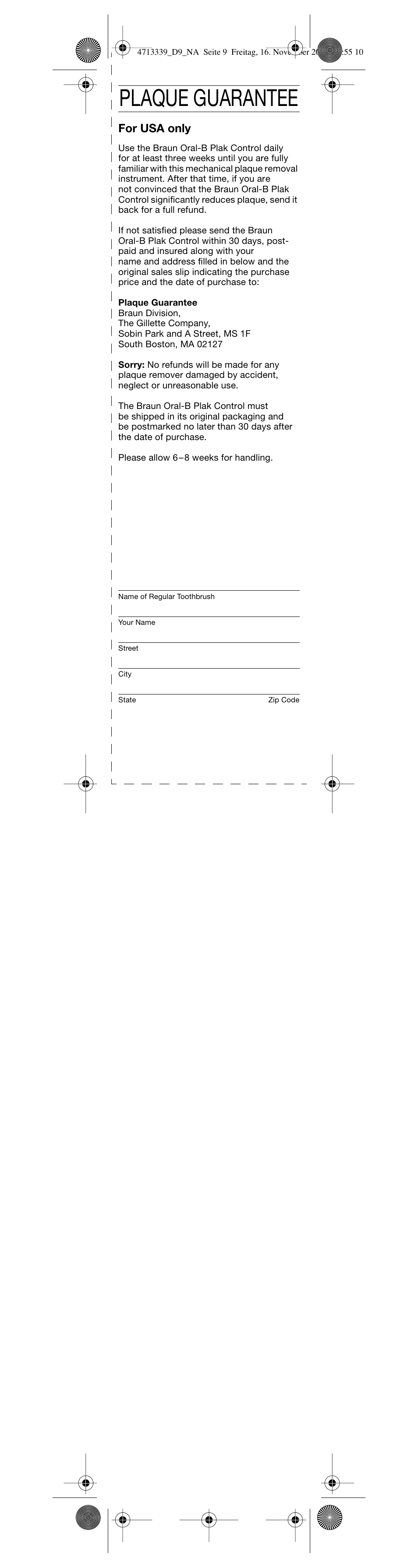 Plaque guarantee, For usa only | Braun D 9525T User Manual | Page 10 / 20