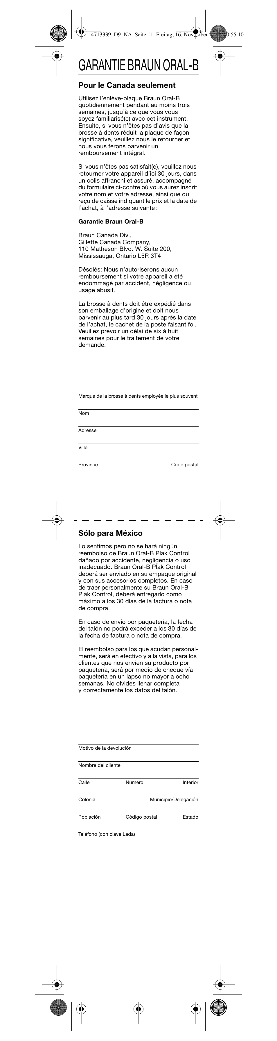 Garantie braun oral-b, Sólo para méxico, Pour le canada seulement | Braun D 9525T User Manual | Page 12 / 20