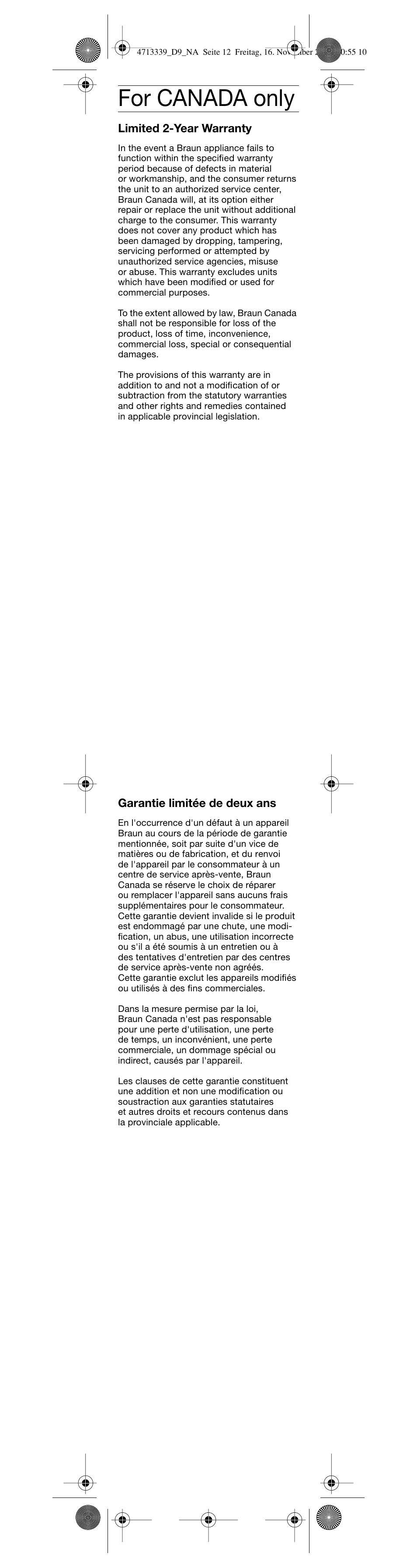 For canada only | Braun D 9525T User Manual | Page 13 / 20