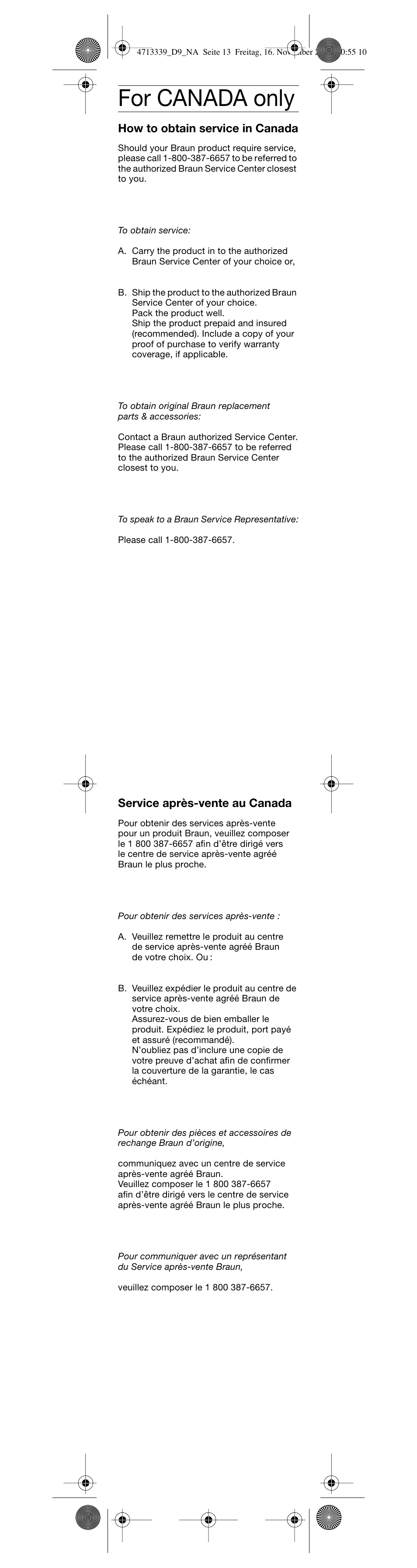 For canada only, How to obtain service in canada, Service après-vente au canada | Braun D 9525T User Manual | Page 14 / 20