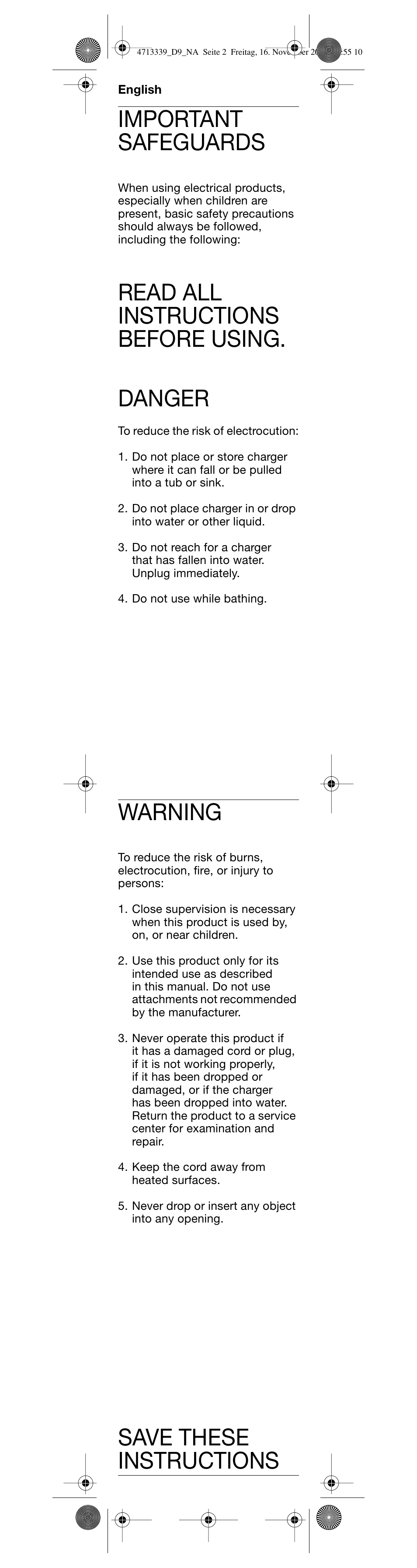 English, Important safeguards, Read all instructions before using. danger | Warning, Save these instructions | Braun D 9525T User Manual | Page 3 / 20
