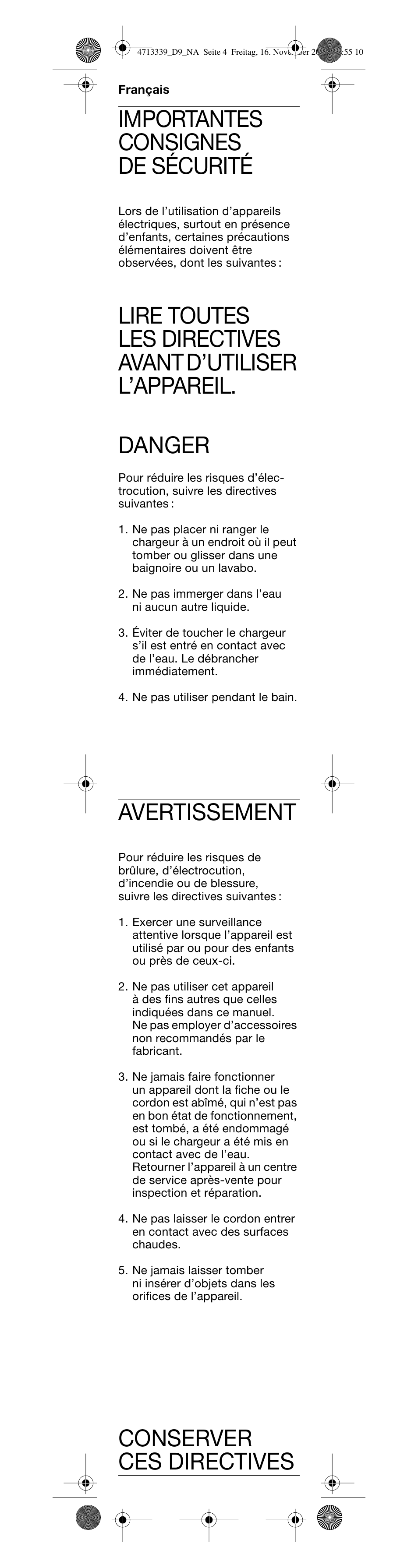 Français, Importantes consignes de sécurité, Avertissement | Conserver ces directives | Braun D 9525T User Manual | Page 5 / 20