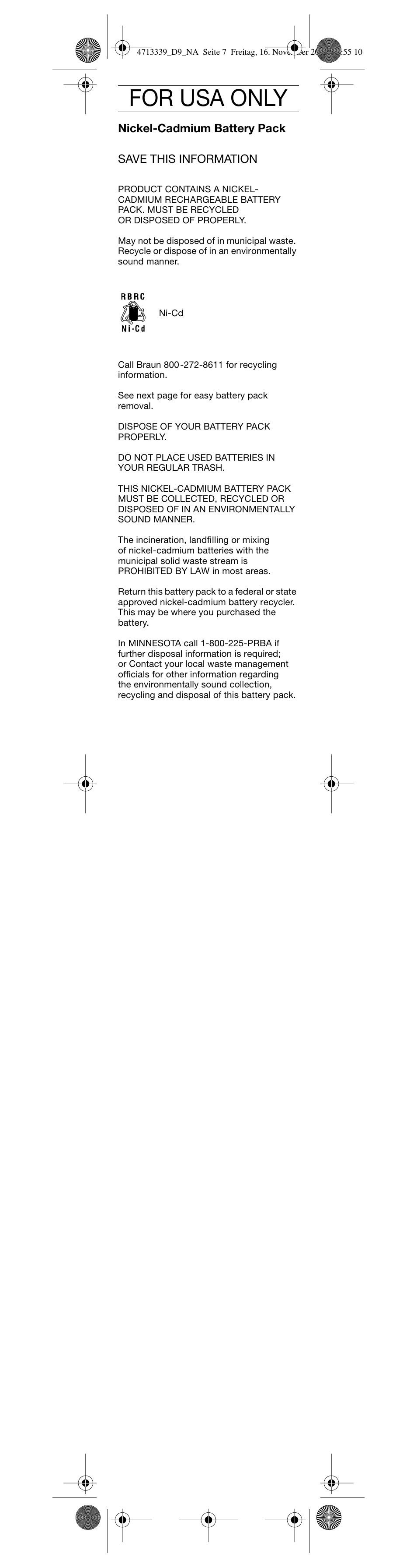 For usa only | Braun D 9525T User Manual | Page 8 / 20