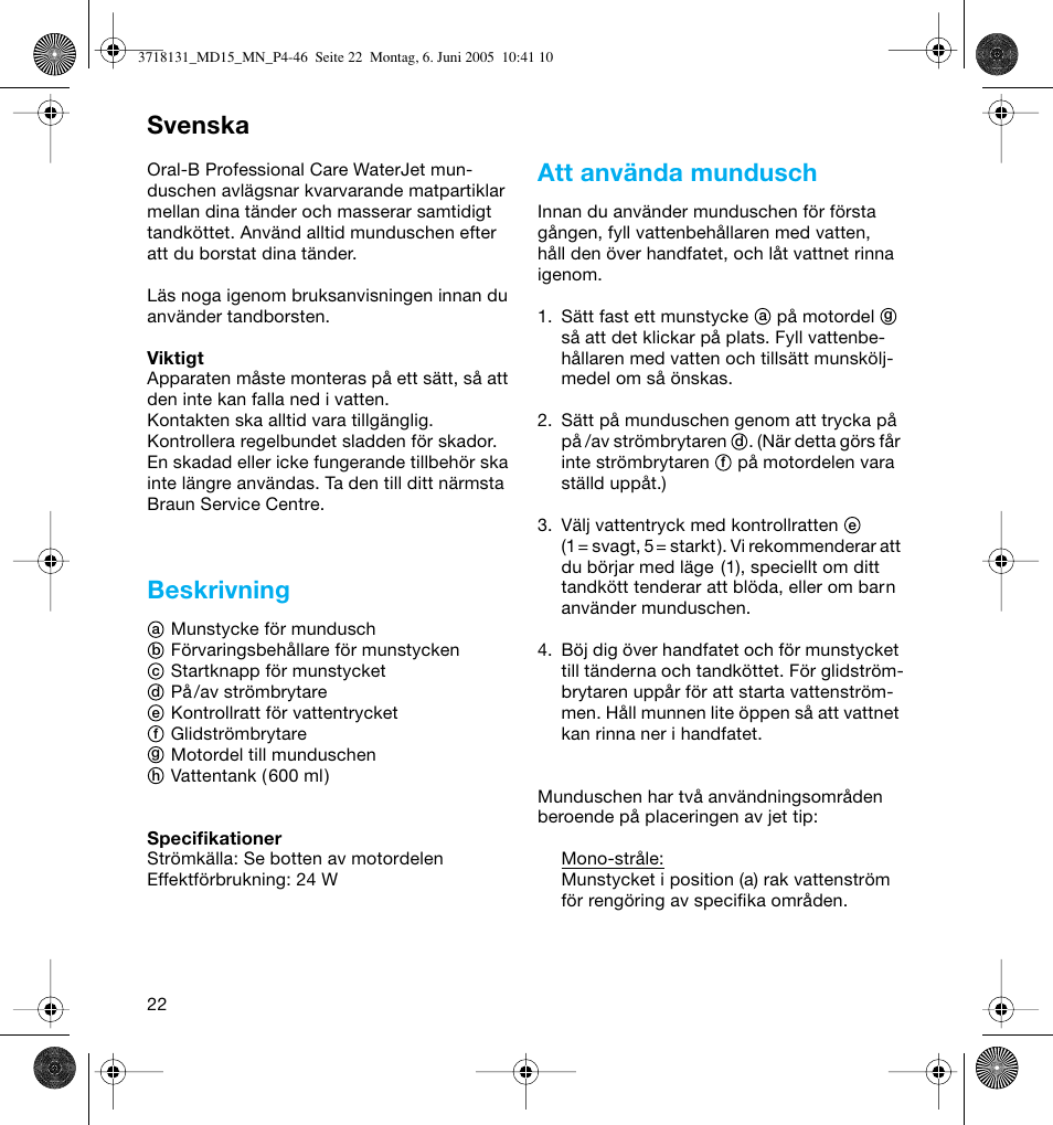 Beskrivning, Att använda mundusch, Svenska | Braun MD15A Professional Care WaterJet User Manual | Page 22 / 46