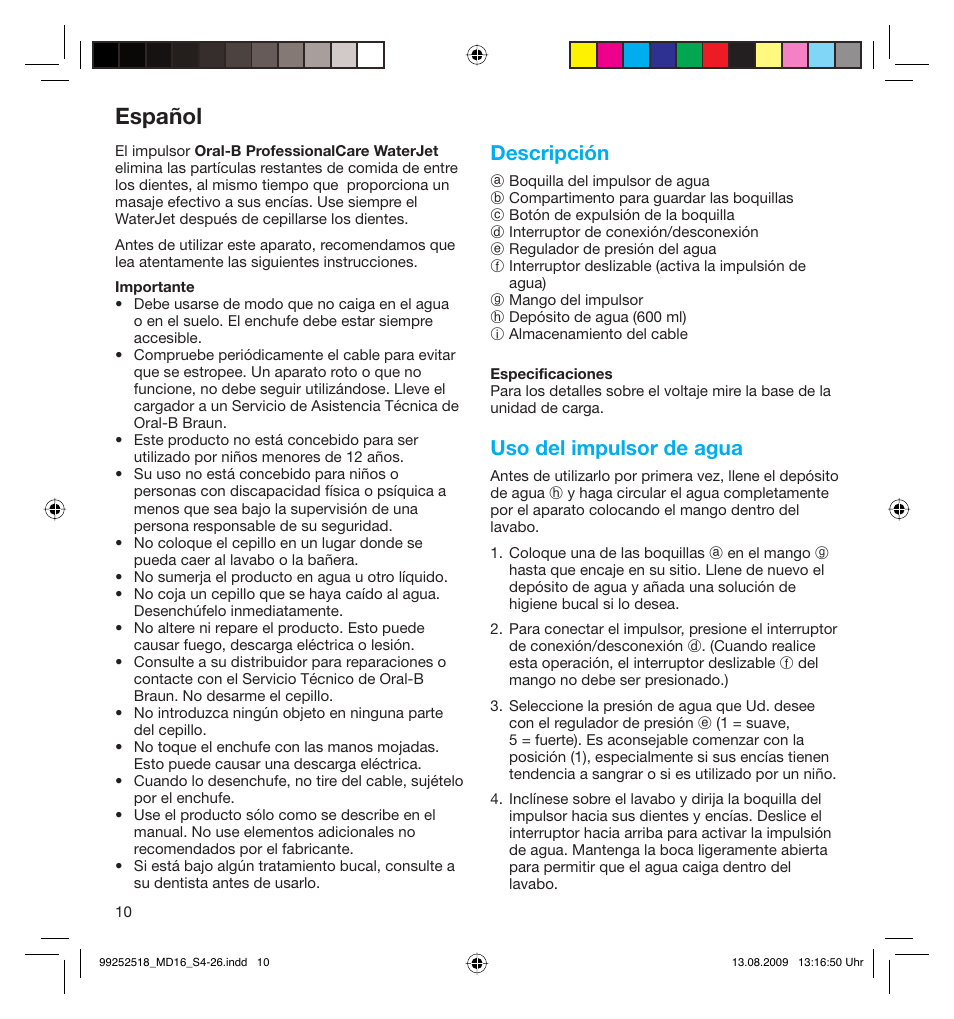 Español, Descripción, Uso del impulsor de agua | Braun MD16 Professional Care 6500 WaterJet User Manual | Page 10 / 23