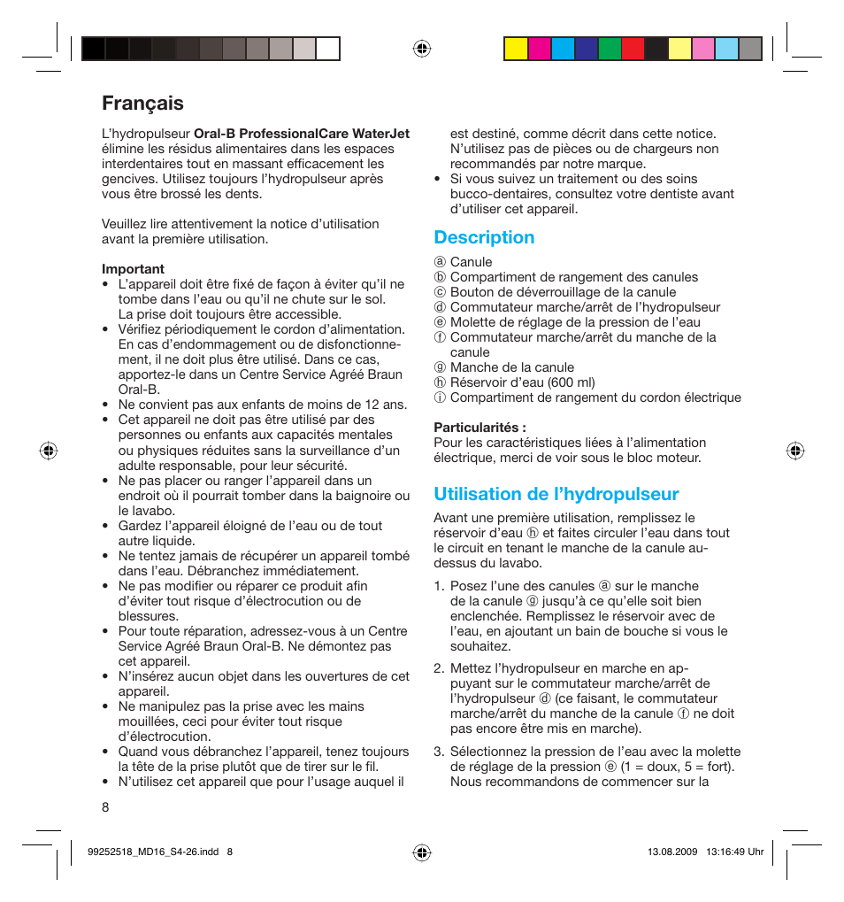 Français, Description, Utilisation de l’hydropulseur | Braun MD16 Professional Care 6500 WaterJet User Manual | Page 8 / 23