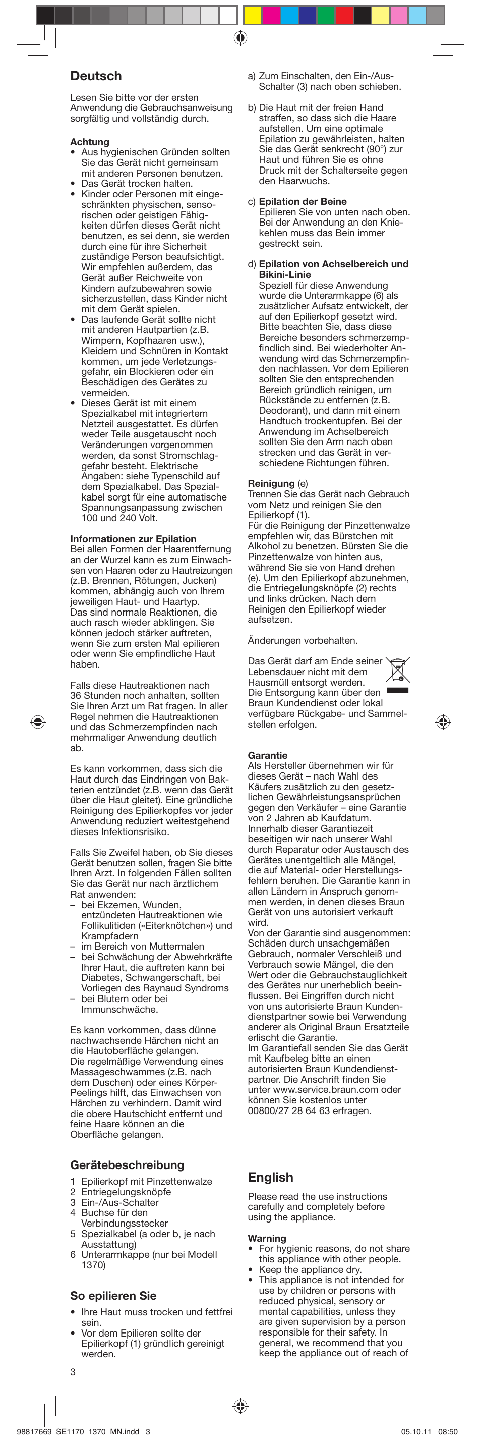 Deutsch, English, Gerätebeschreibung | So epilieren sie | Braun 1170 Silk-épil 1 User Manual | Page 3 / 14