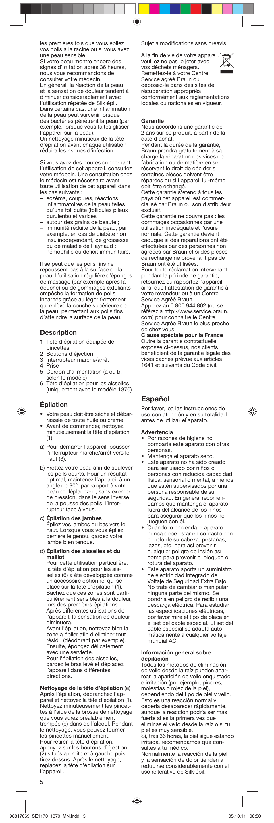 Español, Description, Épilation | Braun 1170 Silk-épil 1 User Manual | Page 5 / 14