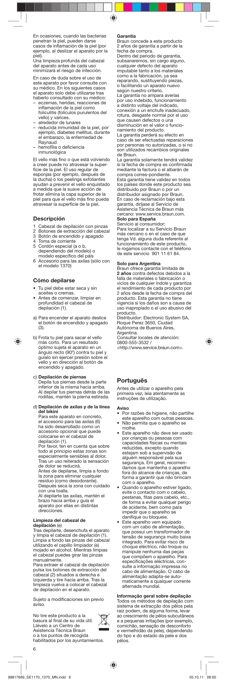 Português, Descripción, Cómo depilarse | Braun 1170 Silk-épil 1 User Manual | Page 6 / 14