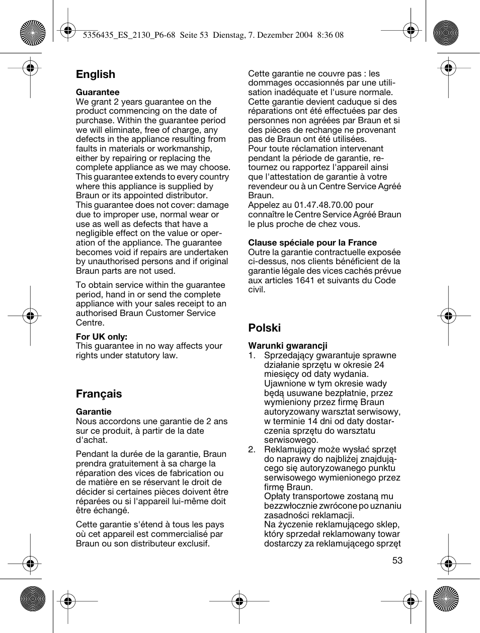 English, Français, Polski | Braun 2120 Silk-épil EverSoft User Manual | Page 52 / 62