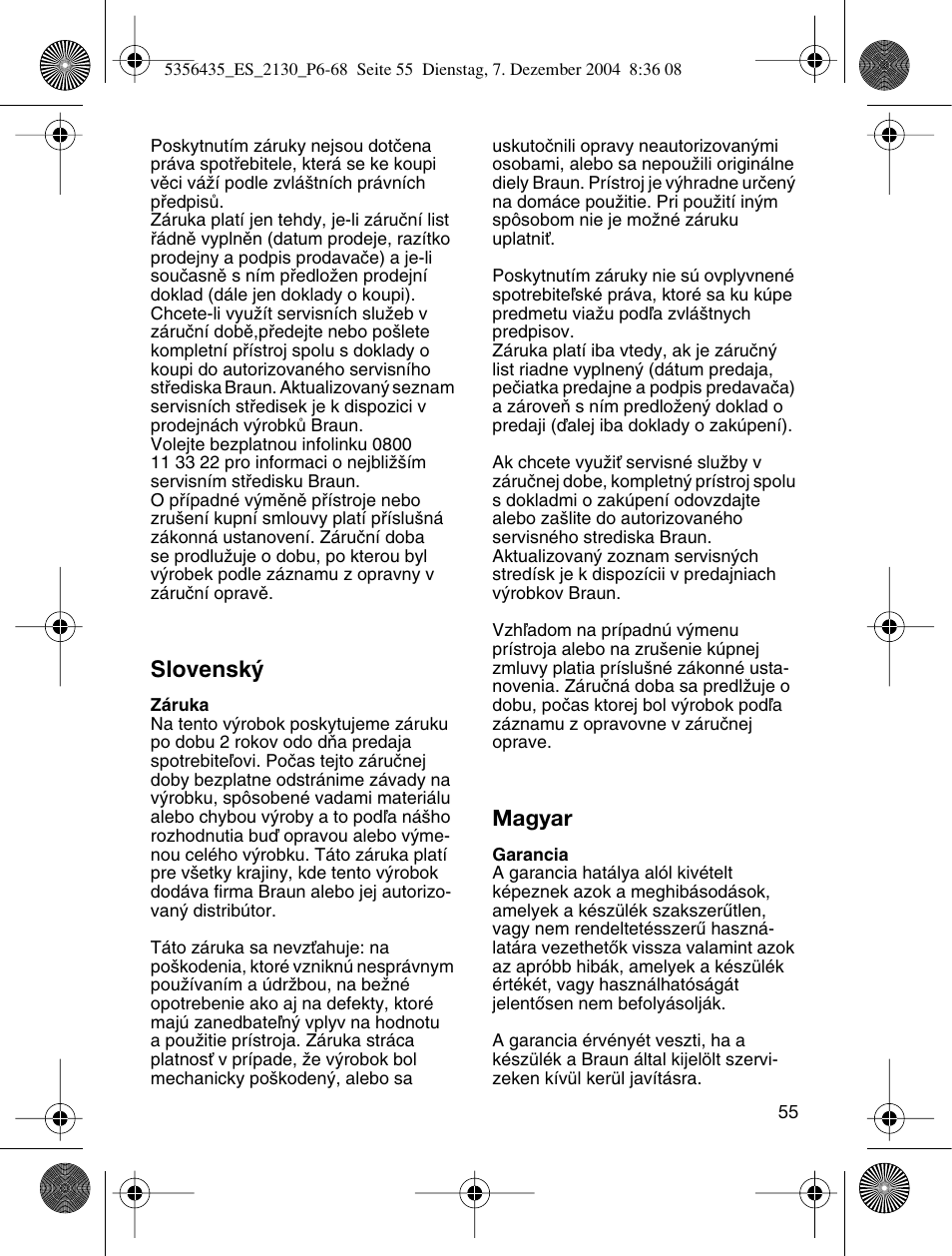Slovensk, Magyar | Braun 2120 Silk-épil EverSoft User Manual | Page 54 / 62