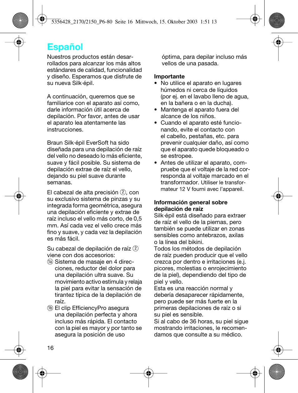 Español | Braun 2150 Silk-épil EverSoft User Manual | Page 15 / 76
