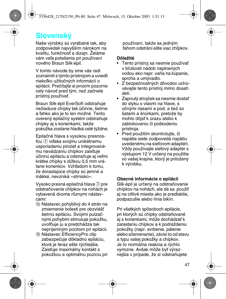 Slovensky, Slovensk | Braun 2150 Silk-épil EverSoft User Manual | Page 46 / 76