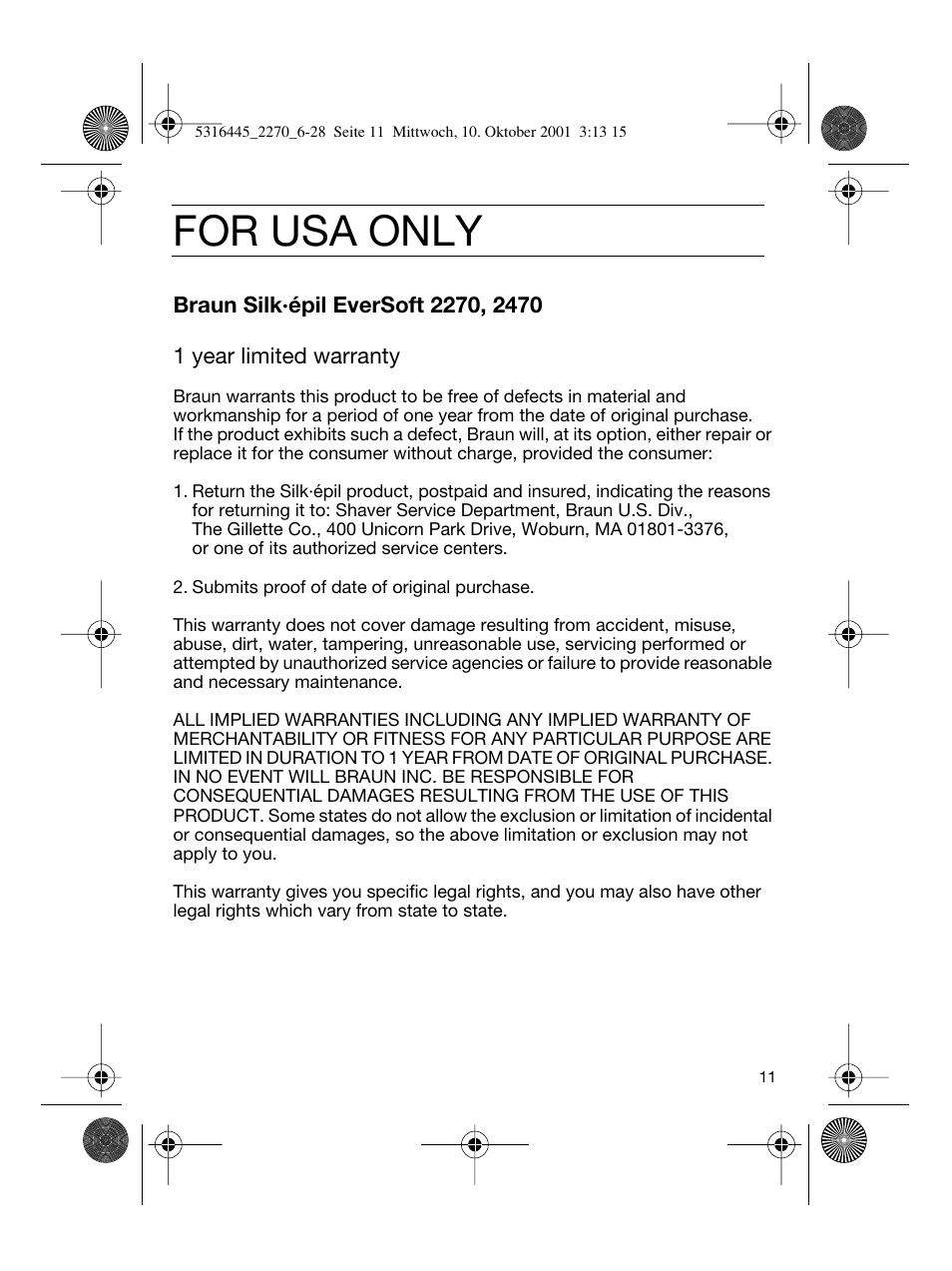 For usa only | Braun 2270 Silk-épil EverSoft User Manual | Page 10 / 25