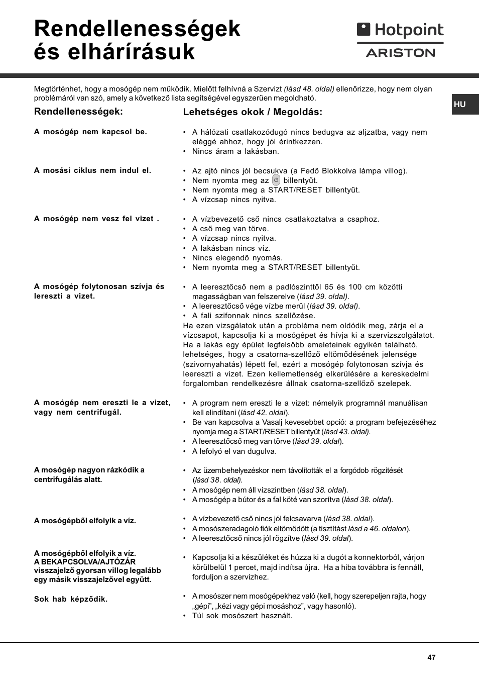 Rendellenességek és elhárírásuk | Hotpoint Ariston AVTL 104 User Manual | Page 47 / 60