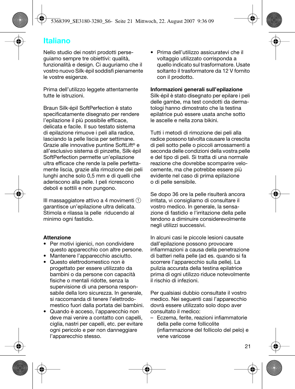 Italiano | Braun 3170 Silk-épil SoftPerfection User Manual | Page 20 / 51